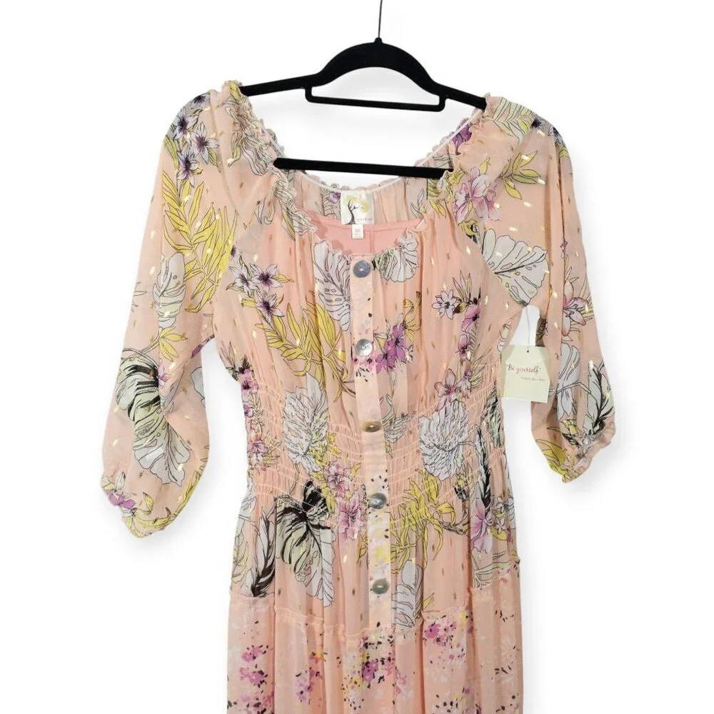 Floral Boho Maxi Dress By Fig & Flower  Smocked Waist Button-Down Puff Sleeves - Picture 3 of 11